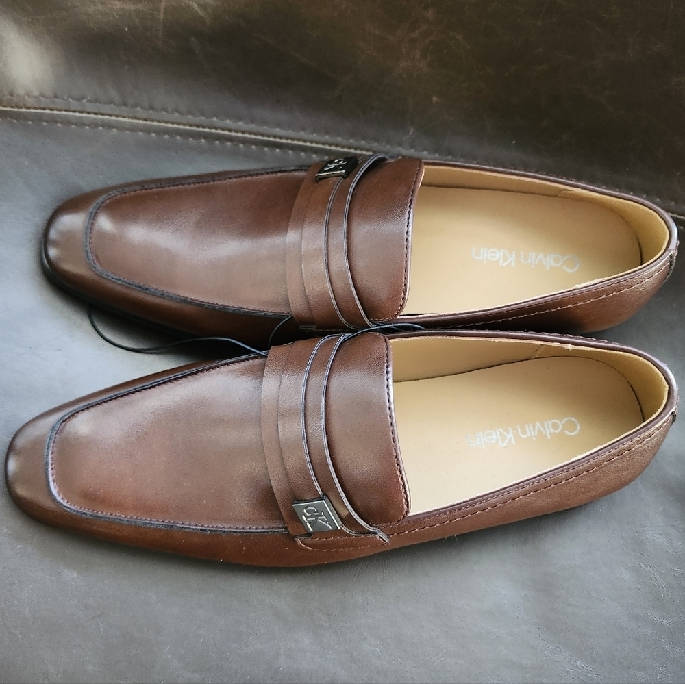 New Calvin Klein Brown Slip On Loafer Faux Leather Dress Shoe Mens 7.5 Work Prom - Picture 4 of 7